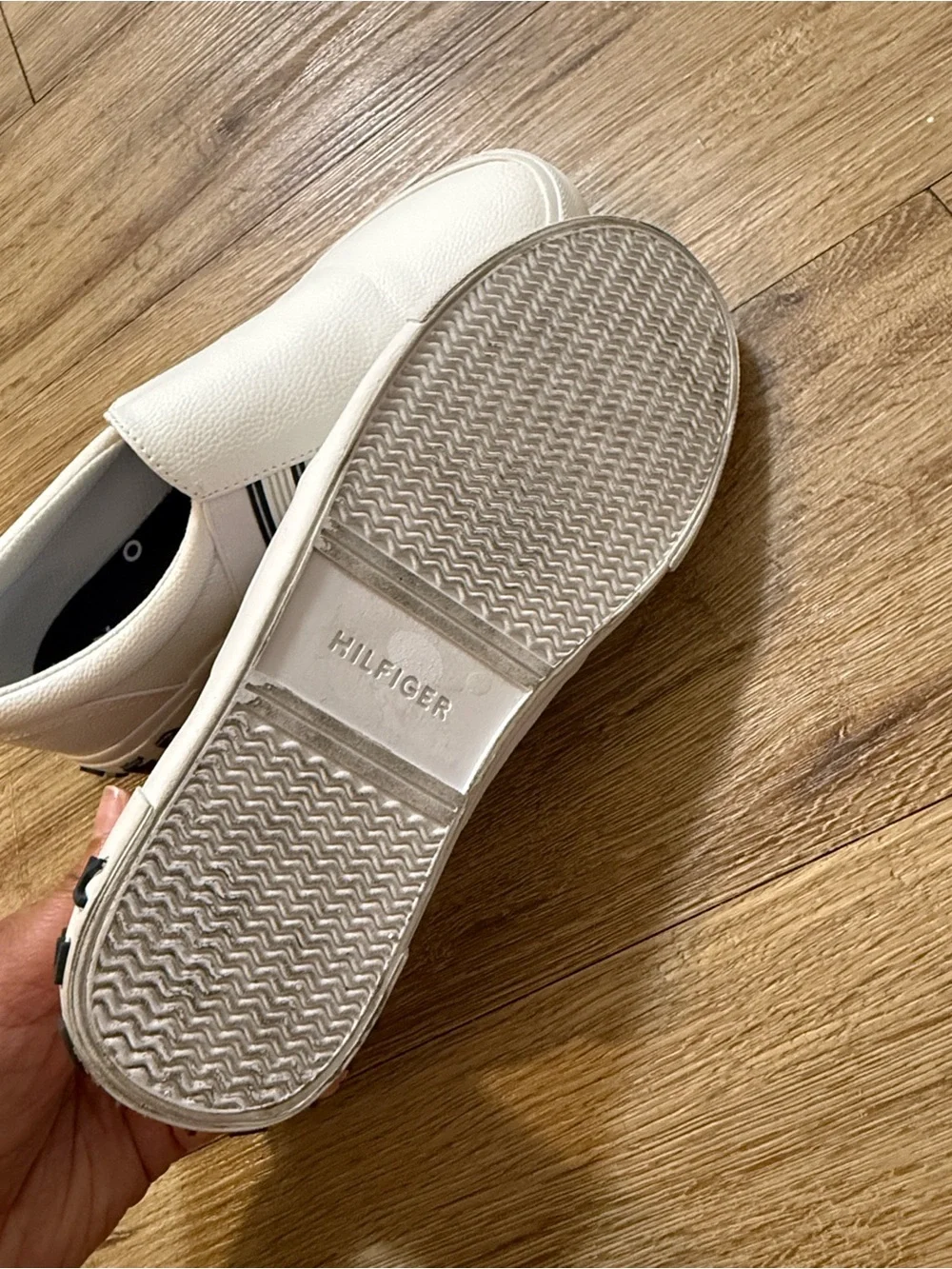 Tommy Hilfiger White Slip-On Loafers with Red & Blue Stripe